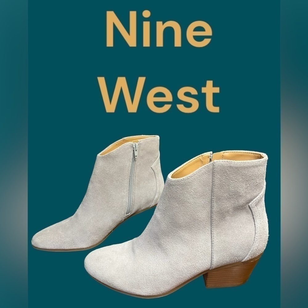 Nine West-NWT size 8.5 light putty gray “tristan” suede bootie.Side zip, 2” heel